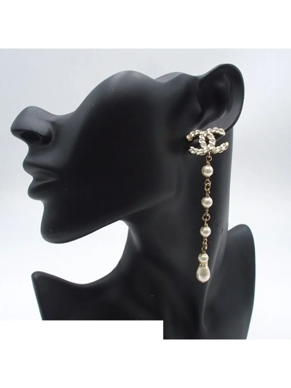 Chanel Earrings Light Gold Metal Asymmetric CC Logo Rhinestone Faux Pearl